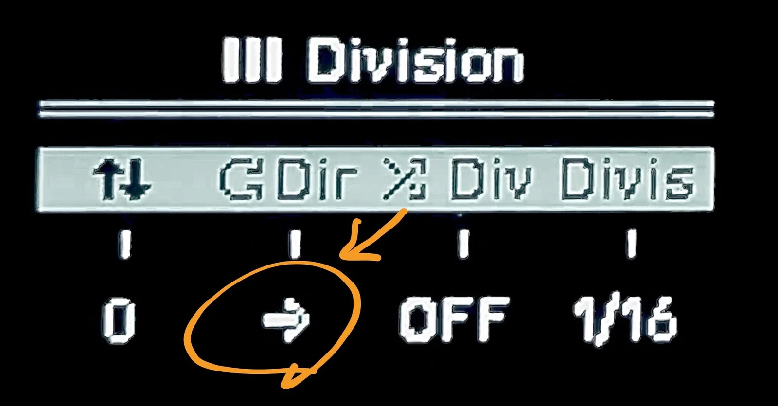 Display: Division menu, playback direction