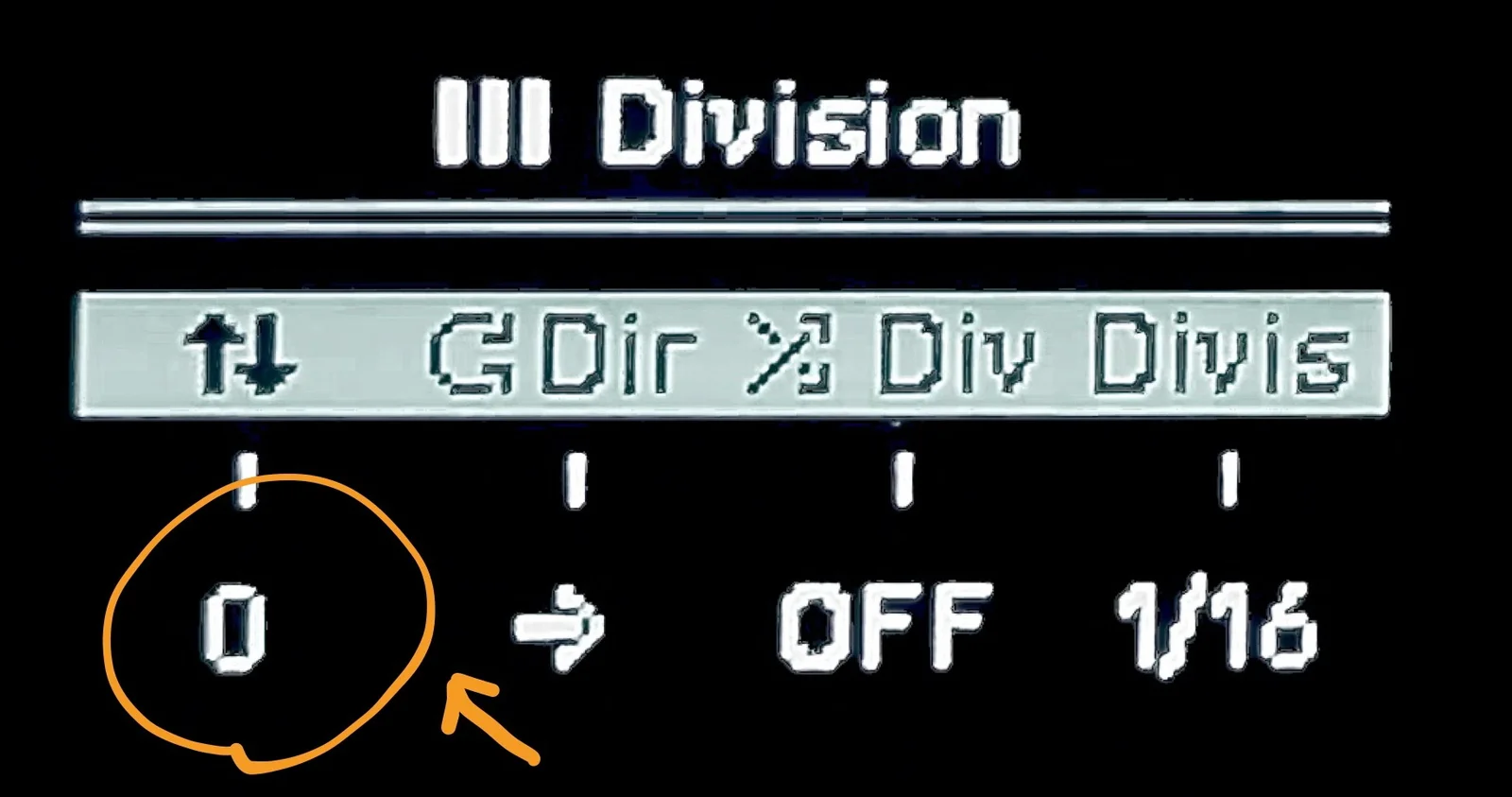 Display: Division menu, scroll position