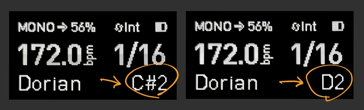 ディスプレイ: ルートのノートが変更されている様子