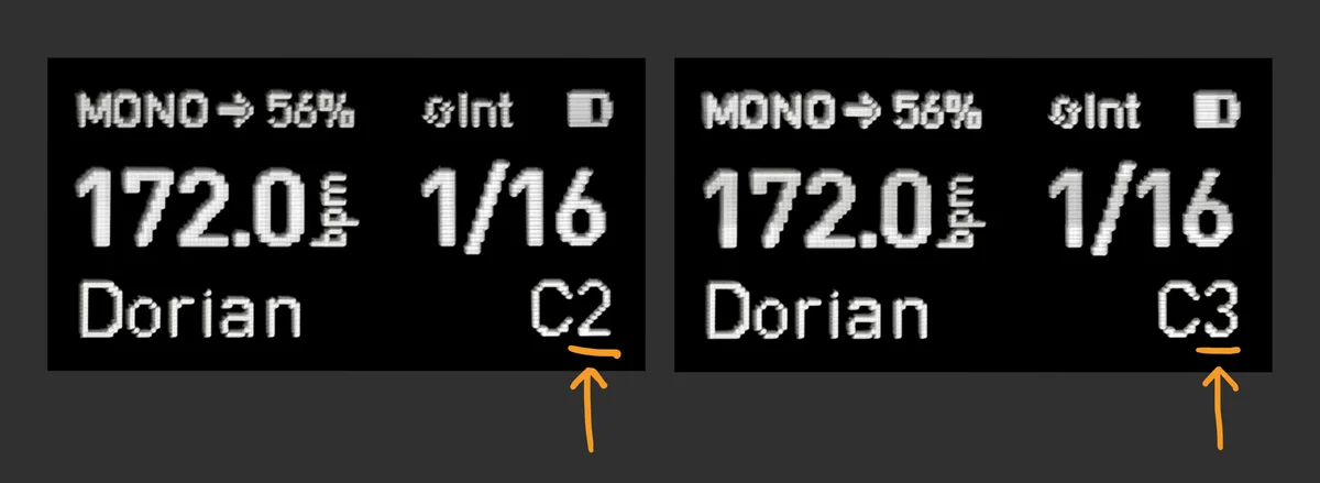 gird上でoctaveを変化させたnoteの様子
