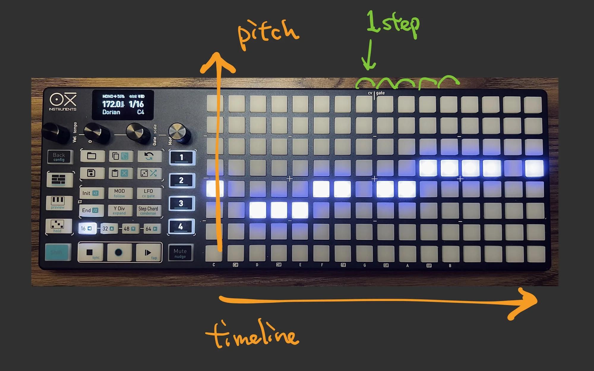 Diagram showing OXI ONE Mono mode: X-axis for steps, Y-axis for pitch