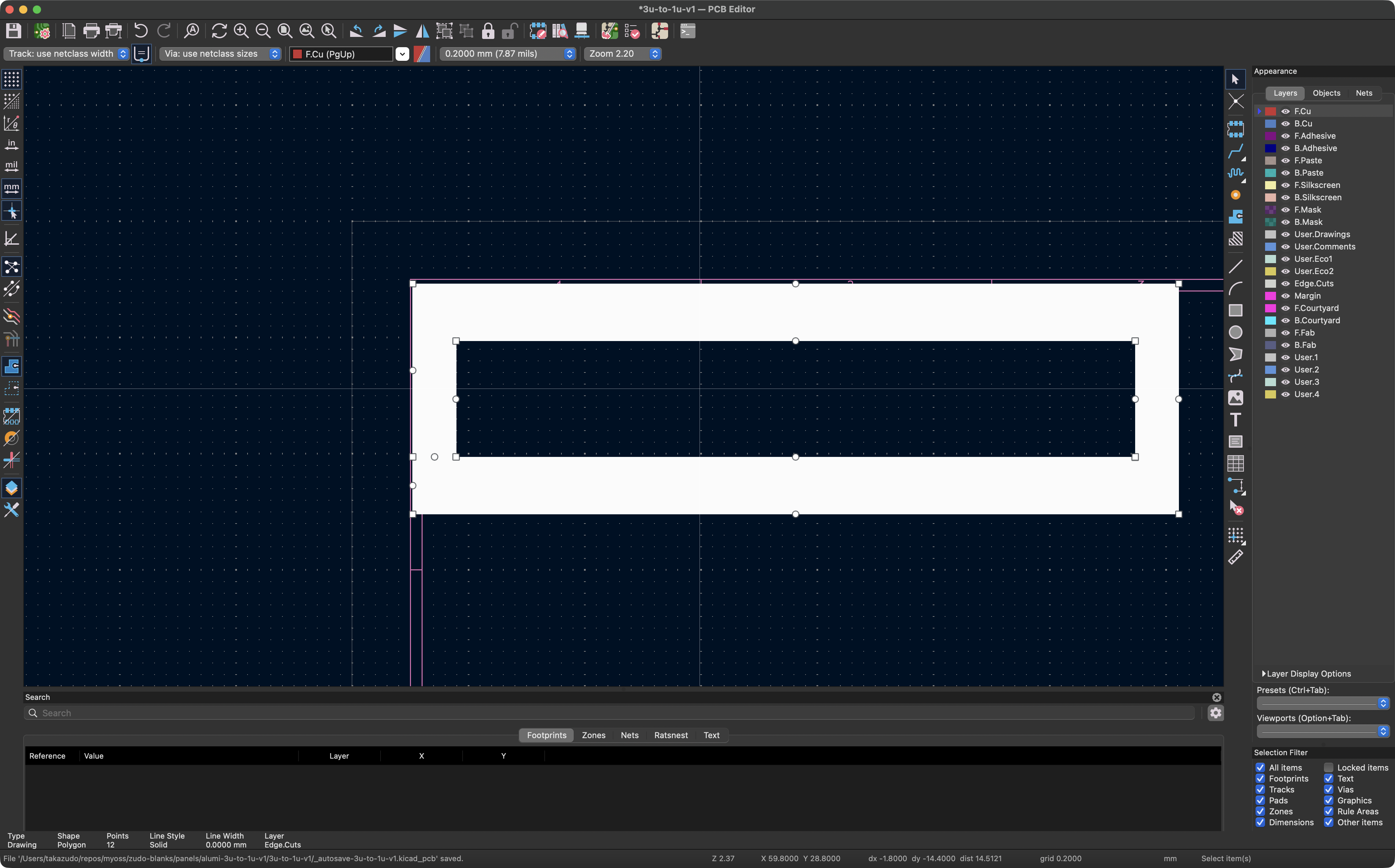 KiCadでの壊れたインポート結果。外枠と内枠がブリッジで結合された奇妙なポリゴン