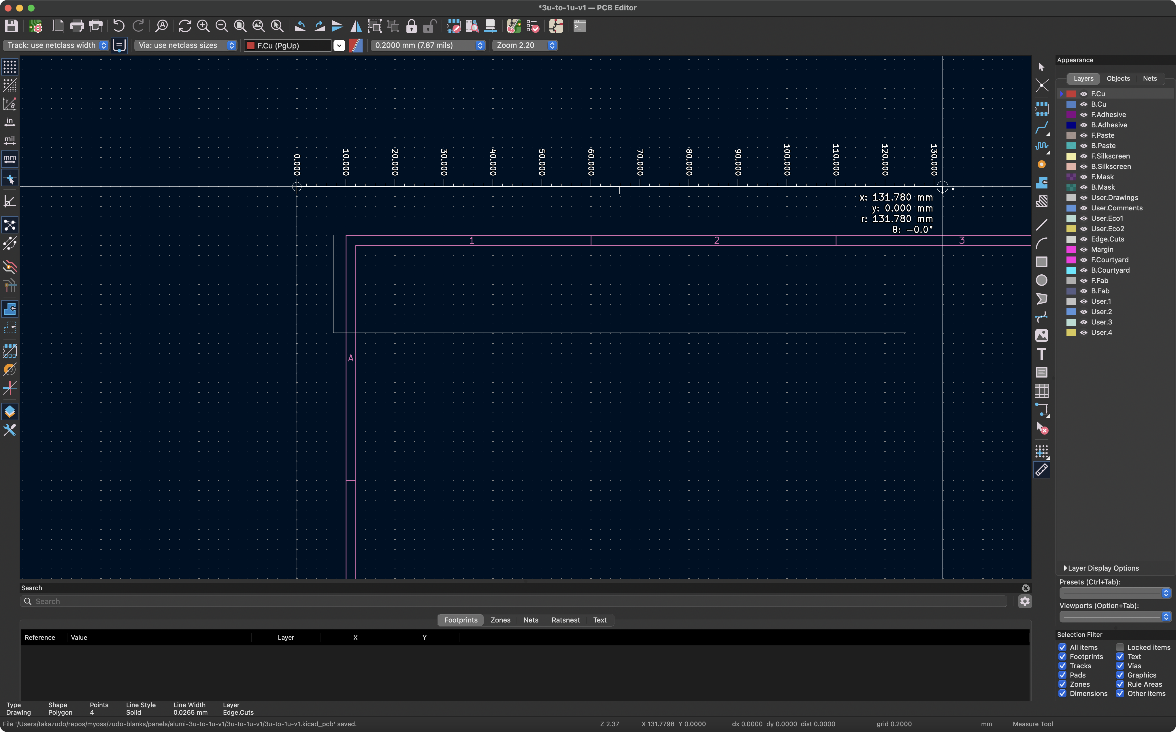 KiCadでの修正後のインポート結果。外枠と内枠が別々のポリゴンとして正しく認識されている